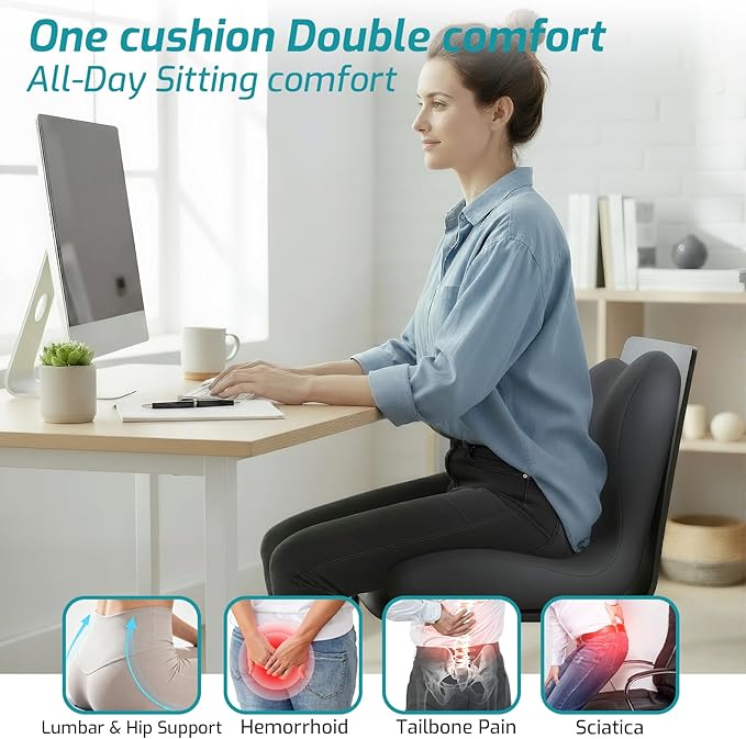Memory Foam Seat Cushion,Office Chair Cushion with Lumbar Support for Back Pressure Relief, Car Seat Cushion with Adjustable Strap,Sciatica Pad Cushions for Car,Truck, Desk (D-Dark Grey)