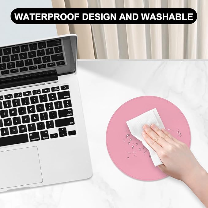 Leather Mouse Pad, Office Mouse Mat Non-Slip Rubber Base Stitched Edge Washable Waterproof Round Mousepad for Office Gaming PC Laptop, Round Diameter 8.7 inches, Pink
