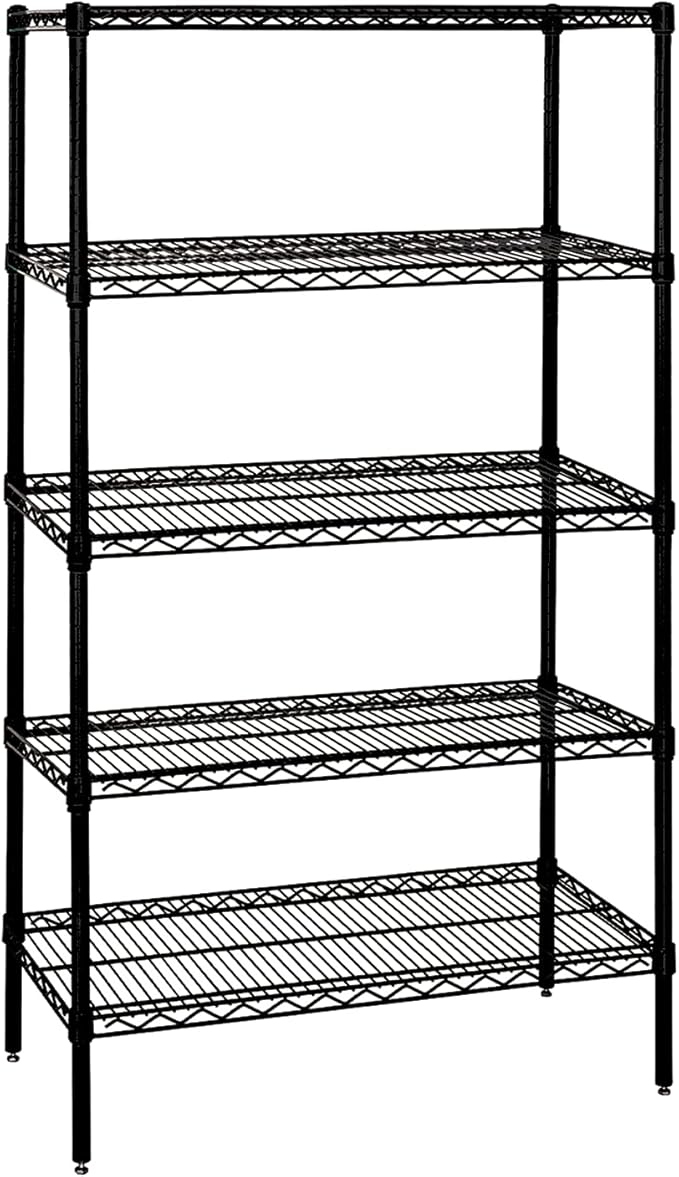 Quantum Storage Systems WR86-1430BK-5 Wire Shelving Starter Kit, 30" W x 14" D x 86" H, 600 lbs Capacity, Carbon Steel, Epoxy Coated, Black, NSF