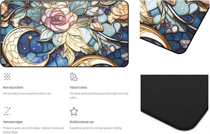 Colorful Glass Desk MST, XXL Mouse Pad with Moon and Rose Flowers, Large Gaming Mouse Pads Mat, Extended Aesthetic Desk Pad, Keyboard Pads, Computer Pad 31.5"X15.7" for Work Game Office Décor