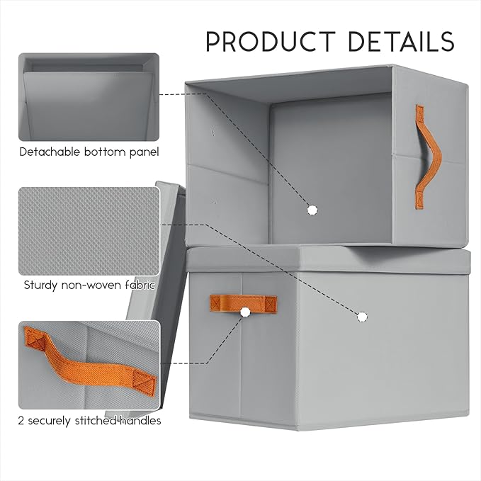 Homsorout Storage Bins with Lids - Fabric Storage Baskets for Shelves, 4 Pack Foldable Decorative Boxes with Handles, Stackable Organizer Bins for Home, Nursery, Dorm, Grey