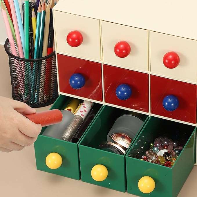 PATIKIL Small Stackable Storage Drawers, Stacking Drawers Mini Desk Bathroom Storage Organizer Cute with 3 Drawer Organizer Plastic for Desktop Office Pens Pencils Tape Charger, Green