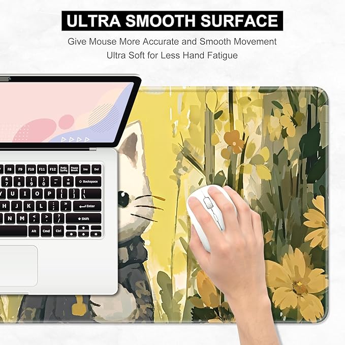 Desk Pad, 32" x 16" XXXL Extended Large Gaming Mouse Pad, Desktop Decor Desk Mat, Men Women Office Supplies and Accessories, Cute Anime Mouse Mat for Laptop & Keyboard, Yellow Flower Cat