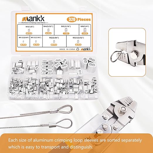 mankk 320 Pcs Aluminum Crimping Loop Sleeve 8 Sizes (3/64'' 1/16'' 5/64'' 3/32'' 1/8'' 5/32'' 3/16'' 1/4'') Wire Rope Sleeves Double Cable Ferrules Kit M-109-320