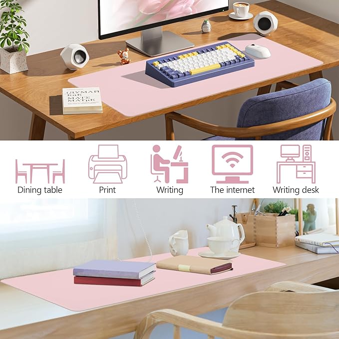 Pink Leather Desk Mat Large Mouse Pad, Waterproof Desk Pad for Keyboard and Mouse, Non-Slip Computer Desk Protector, Smooth Mouse Movement Desk Mat for Home and Office(35.4"×17")