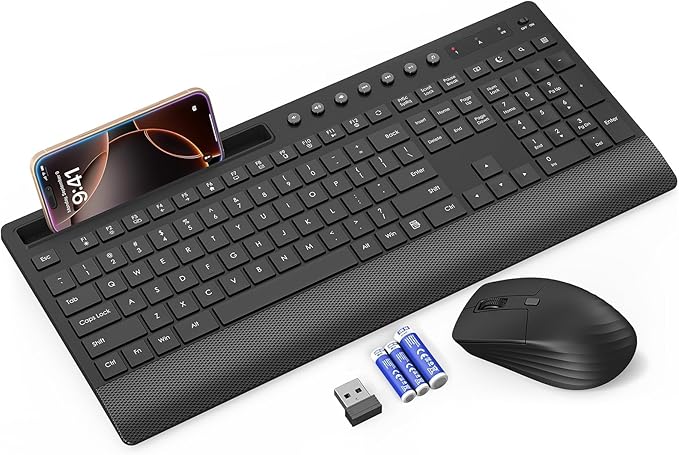 Trueque KM31 Wireless Keyboard and Mouse Combo - Full-Size Quiet Typing with Palm Rest, Phone Holder, Multimedia Keys, Power Switch, Batteries Included, Compatible with Windows, Chrome OS, PC, Laptop