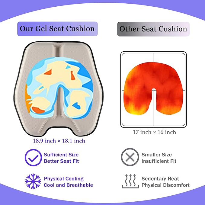 Soft Thin Gel Seat Cushion for Car Seat, Office Chair, Wheelchair, Stadium - Non-Slip Car Seat Cushions with 1 Inch Gel - Sciatica & Tailbone Pain Relief (Beige)