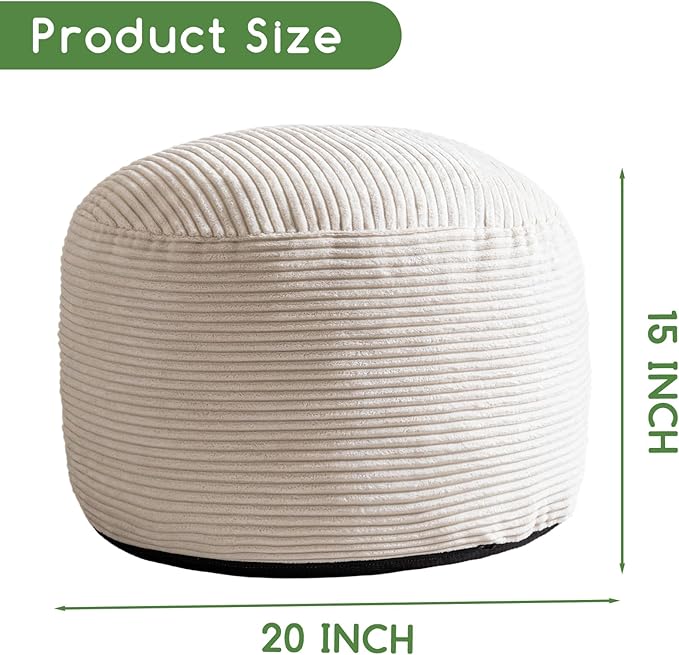 HIGOGOGO Round Stuffed Pouf Ottoman, Corduroy Poufs with Foam Chunk Filling, Furry and Fluffy Pouf Foot Stool Storage Ottoman, 20 X 15 Floor Poufs Foot Rest for Living Room, Beige
