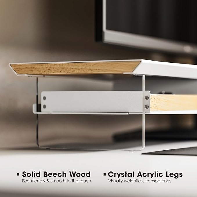 Fenge 42.5” Dual Monitor Stand Riser with 2 Felt-Lined Drawers, Aesthetic Metal and Wood Monitor Shelf with Acrylic Legs, 2-Tier Desk Organizer for 2 Monitors, Laptop, Printer, TV, White