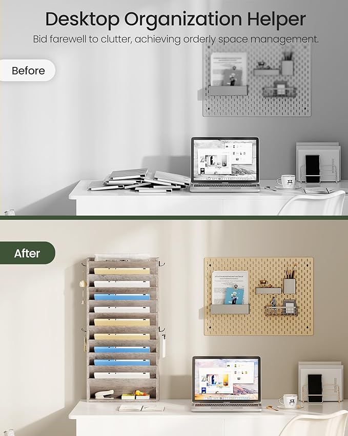 CHOEZON Wall File Organizer, 10-Tier Hanging Mail Organizer, Wall Mount File Holder with 4 Side Hooks, Industrial Mail and Storage Organizer, Wooden Vertical Hanging Holder for Office, Greige MWJ03FH
