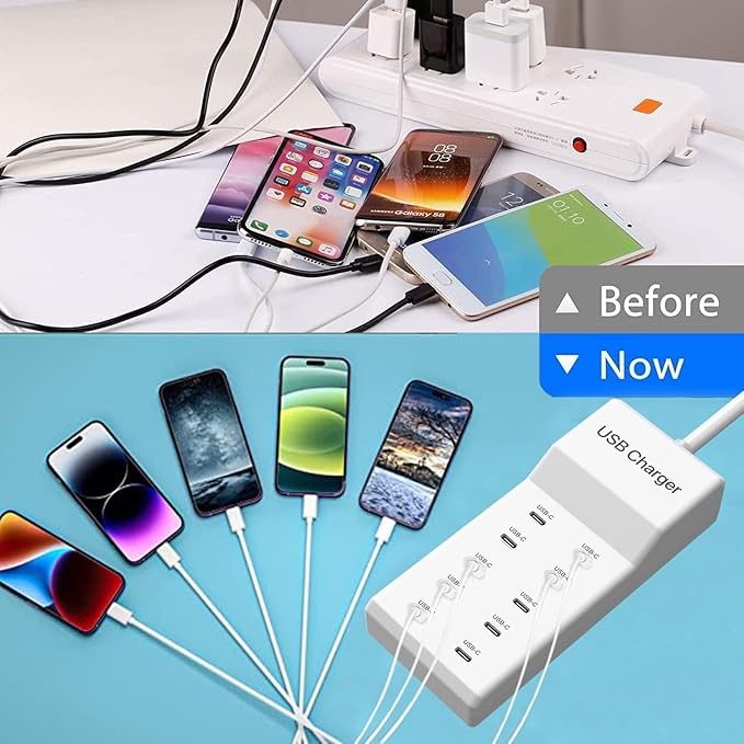 USB C Charger, 10 Ports USB Charging Station, 50W Multi-Port USBC Charger, USBC Desktop Multiple Charger for iPhone 16/15/14/13/12/iPad/Samsung S24/S23/Ultra/Z Flod/Watch/Headphones