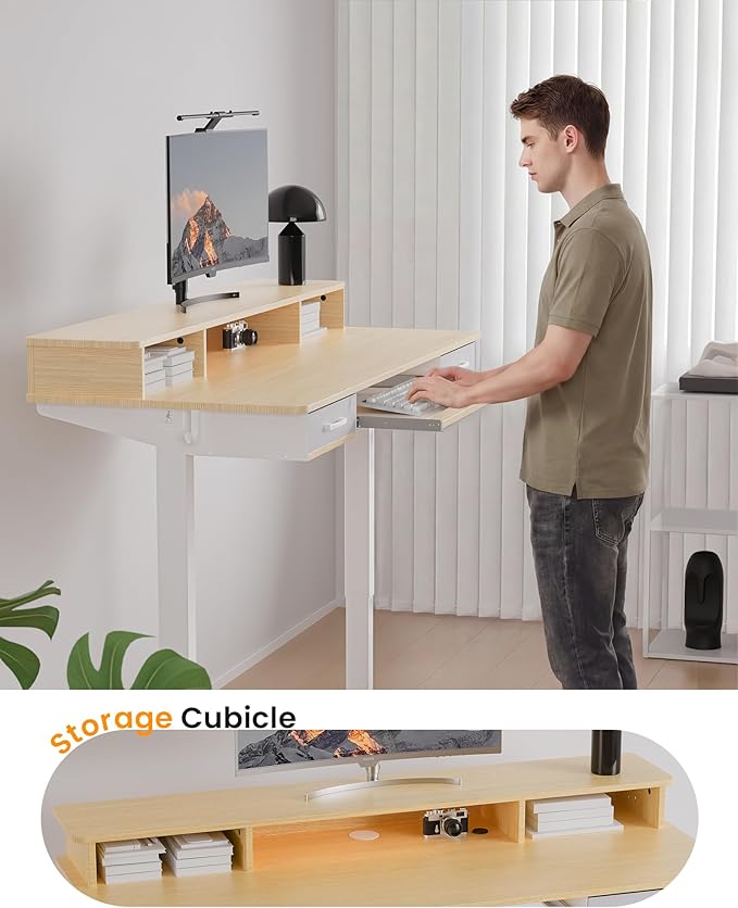 Electric Standing Desk with Keyboard Tray, 55x24 Inches Height Adjustable Stand up Desk with 2 Drawers, Ergonomic Sit to Stand Table with Storage Monitor Stand, Oak
