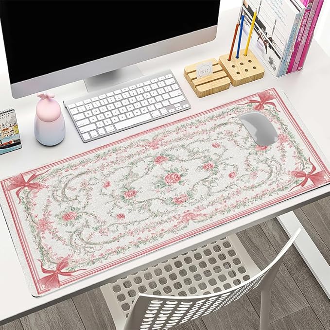 Vintage Floral Desk Mat for Women, Large PU Leather Desk Pad with Non-Slip Base, Elegant Office Keyboard Cover an Elegant and Thoughtful Gift for Women（31.5 * 15.75in）