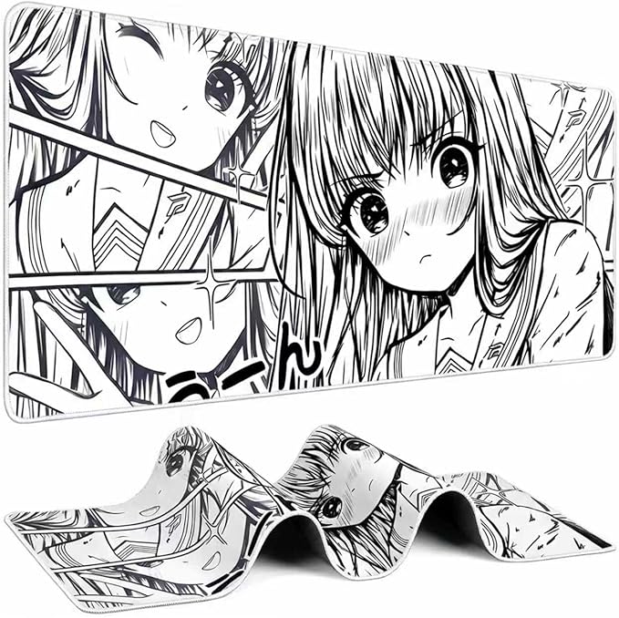XXL Anime Girl Mouse Pad Black White –Super Thick Large Manga Girl Desk Mat 31.5x15.7 – Non-Slip, Water-Resistant, Stitched Edges – Aesthetic Japanese Gaming Mat 800X400X4mm