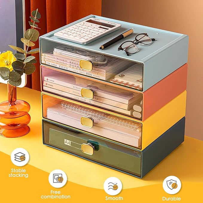 2PACK Stackable Desktop Organizer with Drawer 6.5"x9"x3" Desk Storage Drawer Office Plastic Organizer Clear Small Drawer for Pens, Stationery, Accessories, Make Up (Yellow, M - 1 Drawer)