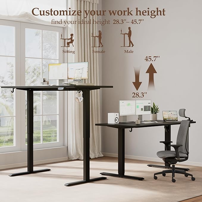 Klicelor 55 x 28 Electric Standing Desk, Sit Stand Up Home Office Desk, Height Adjustable Deep Cumputer Table with Memory Presets and Hooks, Two Pieces, Black