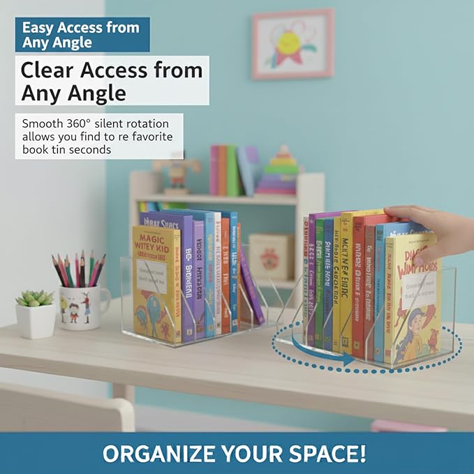 LIYAOLI Rotating Acrylic Book Organizer, 360° Spinning 6 Compartments Desktop Magazine File Holder, Vertical Storage for Books, Binders, Notebooks & Magazines, Clear Desk Organizer for Home Office
