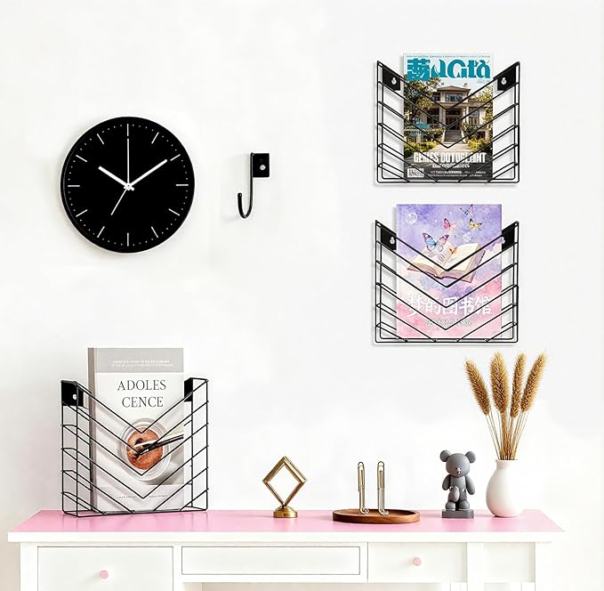 CROISSANT Black Wall Mounted File Organizer,Metal Magazine Basket, Concave Wall Mounted Magazine Rack, Suitable for Hanging File Folders for Office Living Room (Black, 2 Pack)