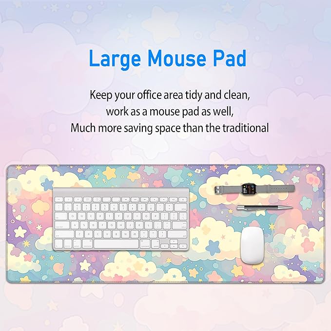 Cute Large Mousepad,Colorful Clouds and Stars Aesthetic Mouse Mat,Extended Pastel Pink Kawaii Women Office Desk Decor Mat,Girly Dreamy Mouse Pad for Work Game Office and Home,31.5 x 12in