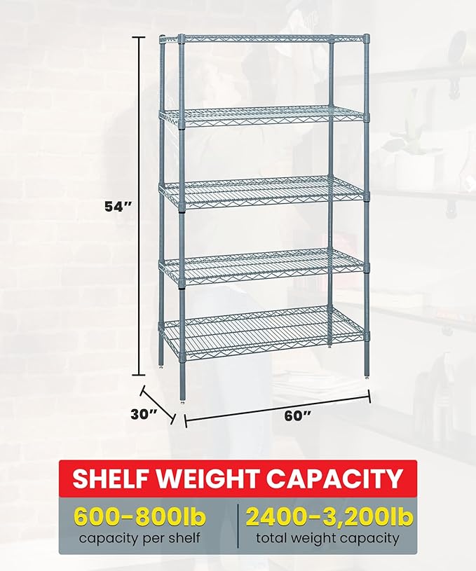 Quantum Storage Systems WR54-3060GY-5 Wire Shelving 5 Shelf Starter Units, 30" x 60" x 54", Gray Epoxy