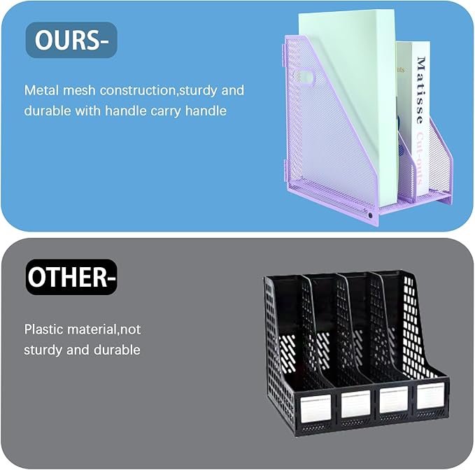 Desk Organizers Metal Magazine File Holder Racks Desktop Folder Storage Binder Organiser Document Organization for Home Office & Classroom,2 Vertical Compartments-Purple