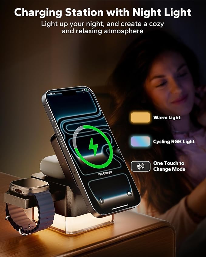 KPON 3 in 1 MagSafe-Compatible Charging Station for Apple, Nightstand Fast Wireless Charger, Foldable Cube, Charging Stand with Night Light, for iPhone 17/16/15/14/13/12, Apple Watch/AirPods, Black