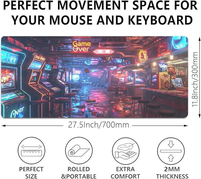 Cyberpunk Arcade Large Gaming Mouse Pad, 27.5x11.8in Neon Game Over Extended Desk Mat with Stitched Edges, Non-Slip Waterproof Rubber Base for Office, Computer & Laptop
