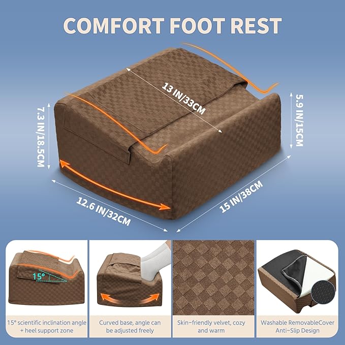 Ergonomic Foot Rest for Under Desk at Work – 15° Tilt Angle Under Desk Footrest with High-Resilience Foam, Velvet Top & Non-Slip Base, Comfortable Foot Stool for Office Chair and Home, Brown