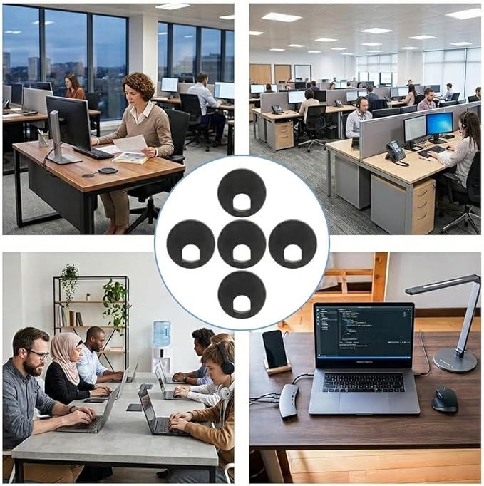 2 Inch Desk Grommet (50mm) - 5 Pack Black Plastic Cable Management Kit, Wire Covers for Cords Pass Through Computer Table, Office Desk Hole Cover for TV Stand & Workstation