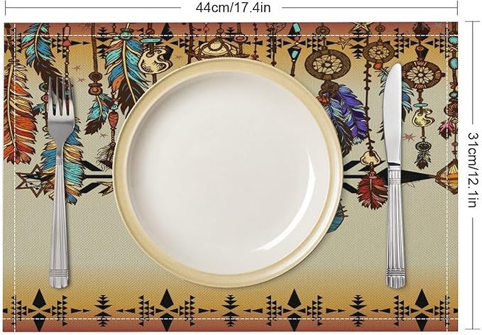 Vintage Aztec Southwest Placemats Ethnic Style Design Boho Geometric Pattern Linen Washable Table Mats Stain Heat-Resistant Desktop Decor Place Mats for Home Kitchen Dining Party 12x18 in 6 Pcs