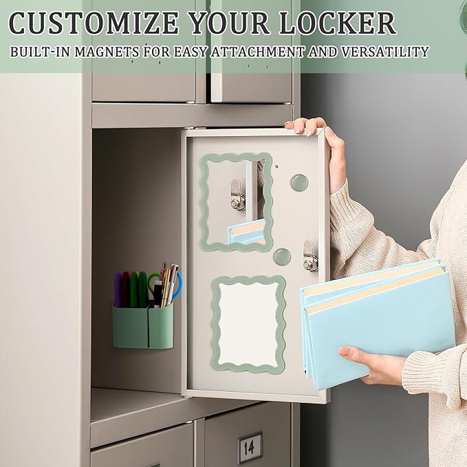 Jingmore Scalloped Magnetic Locker Accessories Kit Sage Green Back to School Essentials 6 Pieces Includes Whiteboard Mirror and Organizing Supplies Cute Locker Organizer Decoration for School