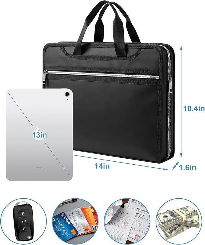 Fireproof Important Document Organizer Folio Folder - Expanding Accordion File Organizer with 13 Pockets, Handle & Labels, Portable Travel Safe for Home, A4, Letter, Portfolio Files