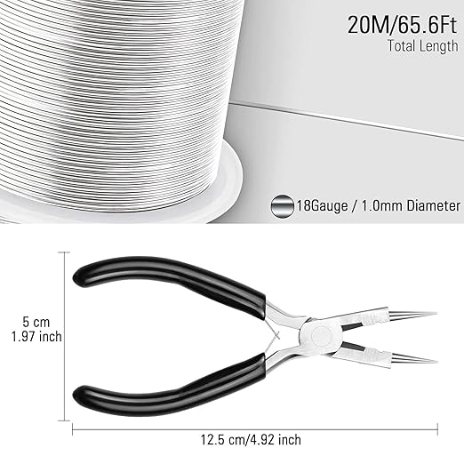 Modacraft 18 Gauge Silver Jewelry Wire & 4-in-1 Pliers Kit - 65FT Anti-Tarnish Craft Wire (1mm) for Wire Wrapping, DIY Jewelry, Christmas Ornaments & Holiday Decor