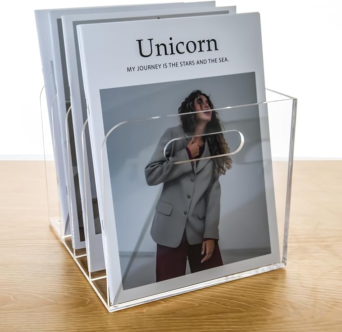 Acrylic File Holder for Desk - 4 Slot Vertical Magazine Organizer & Bookend - Clear Document Sorter Rack for Folders, Binders, Notebooks & Reports - Non-Slip Office Desktop Storage Sorter