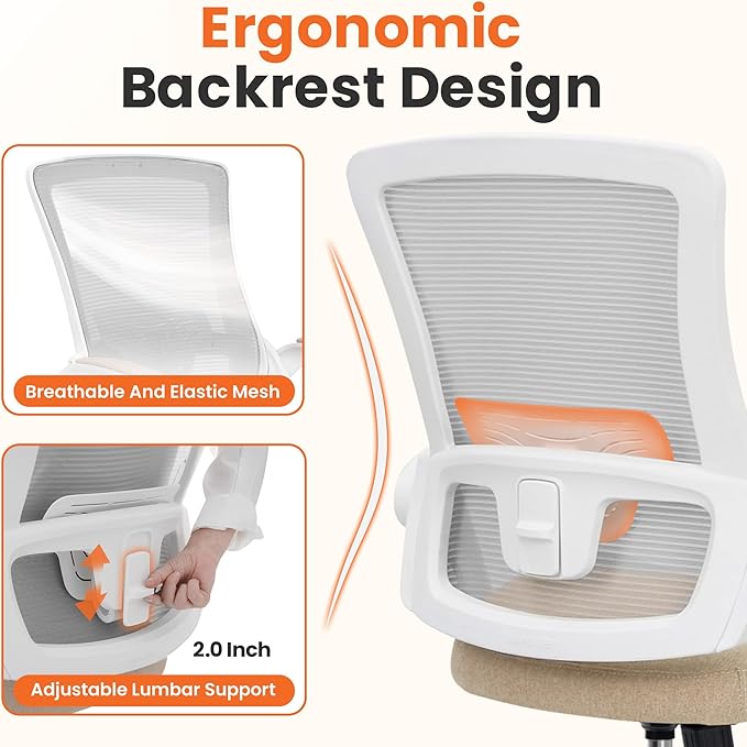 NEO CHAIR Office Desk Gaming Chair Computer High Back Mesh Seat with Rolling Wheels Ergonomic Adjustable Comfy Flip-up Armrests Lumbar Support Height for Home (Beige)
