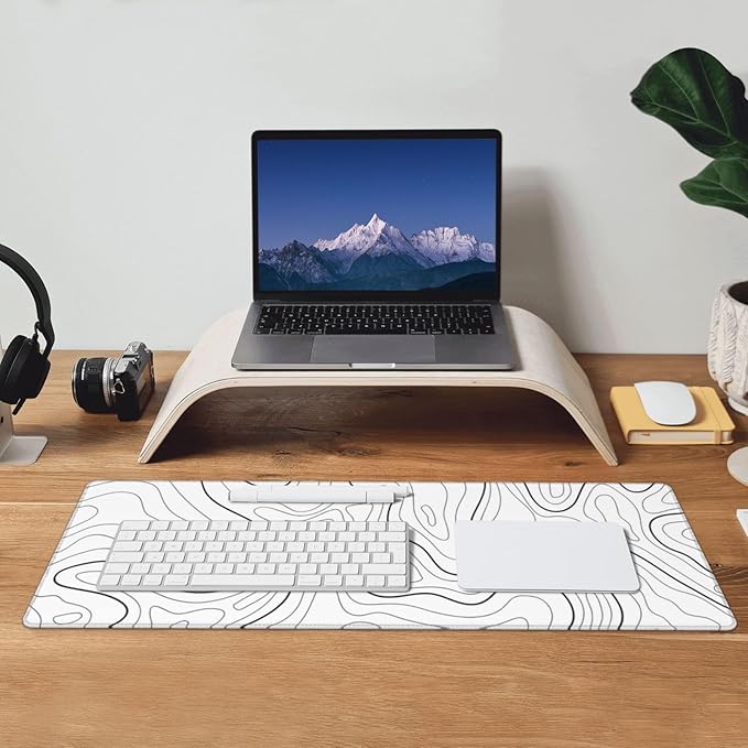 Extended Gaming Mouse Pad, Large Gaming Mouse Waterproof with Stitched Edges, Non-Slip Desktop Pad for Home and Office, Level Up Your 31.5x11.8 Inch… (White Topographic)