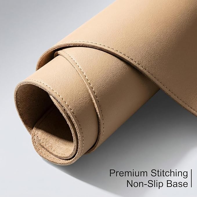 Leather Desk Blotter Pad 9.85 x 23.64 Inches, Flat, Non-Slip, Waterproof, Khaki