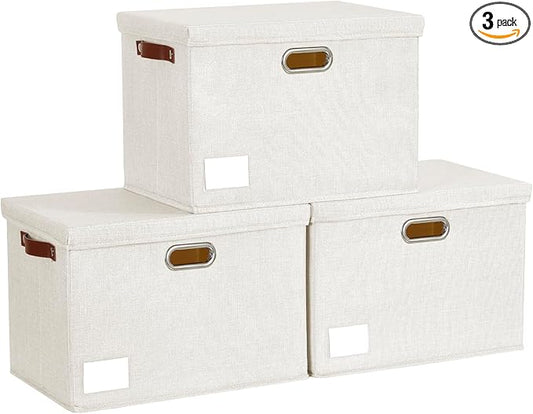 15" Large Collapsible Storage Bins with Lids, Stackable Closet Organizers with PU Handle and Labels, 3-Pack Decorative Fabric Storage Boxes for Home, Bedroom, Closet, Office, Nursery(White)