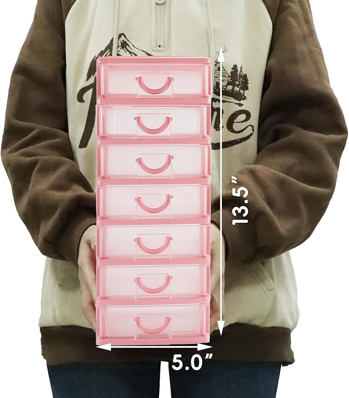 Rempry Mini Plastic Organizer with 7 Clear Drawers, 7.1"x5.1"x13.2" Small Storage Drawers Containers for Desk, Counters, Cabinets, Pink