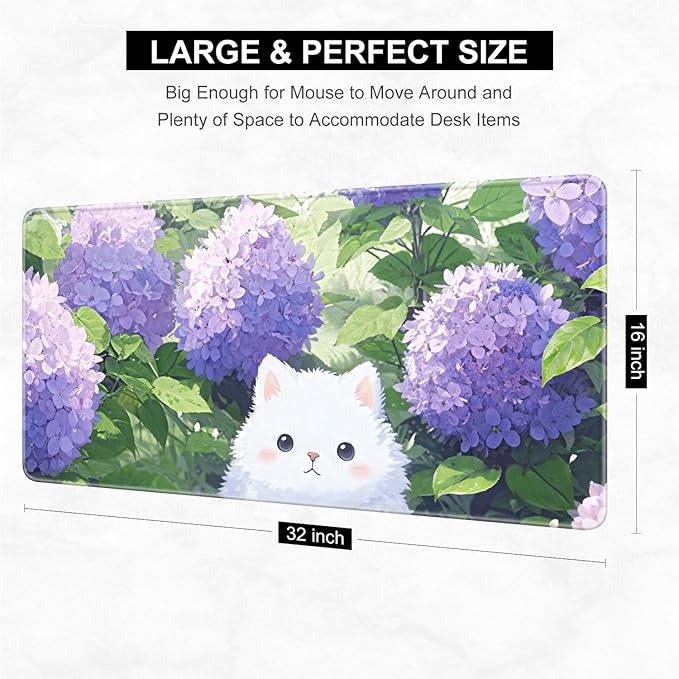 Desk Pad, 32" x 16" XXXL Extended Large Gaming Mouse Pad, Desktop Decor Desk Mat, Men Women Office Supplies and Accessories, Cute Anime Mouse Mat for Laptop & Keyboard, Purple Hydrangea Cat