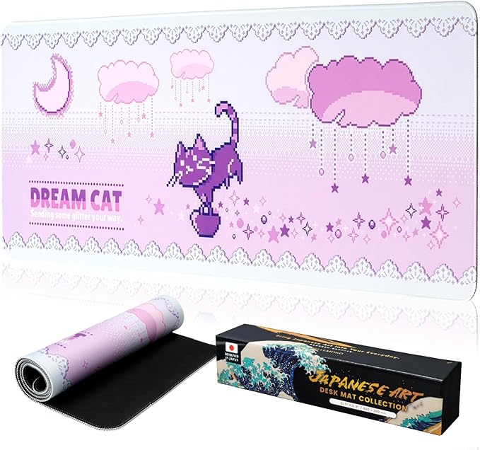 BELLEMOND Japanese Art Desk Mat | Large 31.5x11.8in Anime Mouse Pad for Keyboard & Mouse | Non-Slip Base, Water-Repellent | Original Japanese Design | Dream Cat