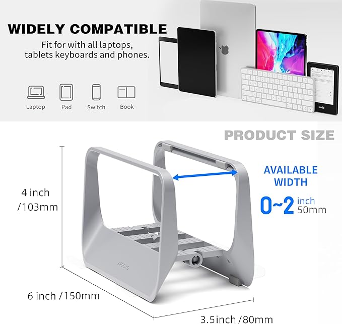 AFOOYO Vertical Laptop Stand with Gravity Locking – ABS Adjustable Laptop Holder Desktop Stand Compatible with MacBook, Surface, iPad, mini PC and More (Gray)