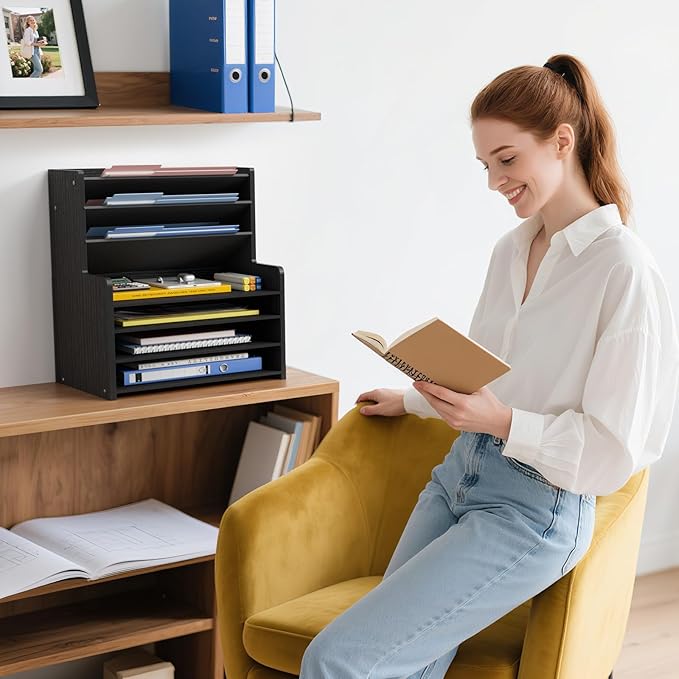 7 Tier Black Desk Organizer with File Holder, Wood Desktop Paper Organizer for Office Organization, Vertical Document Sorter and Letter Tray for Desk, School Storage Orgnizer Shlef