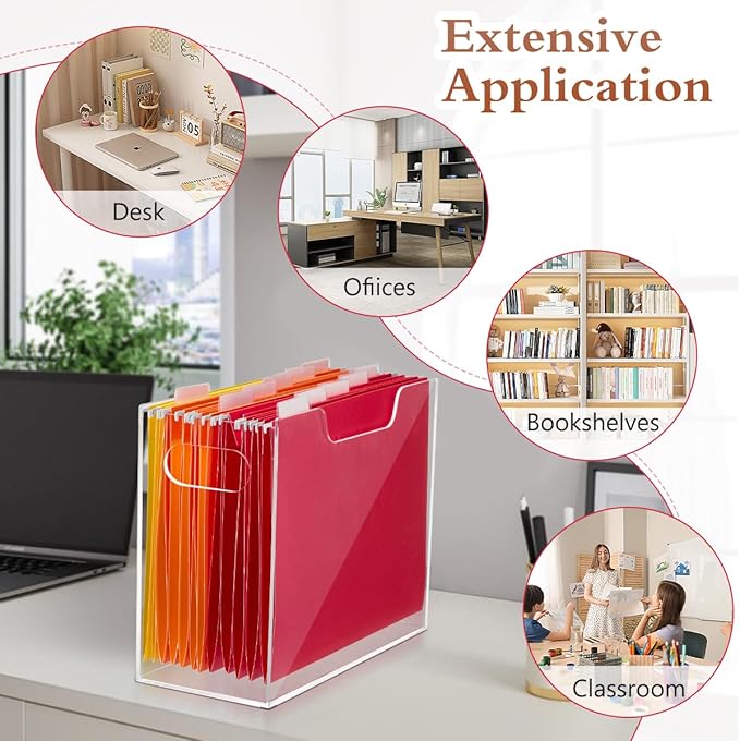 Jumyee Clear Acrylic File Folder Organizer with Handle – Portable Hanging File Box for Letter/A4, See-Through Desktop File Storage for Home Office School (No Folders Included)