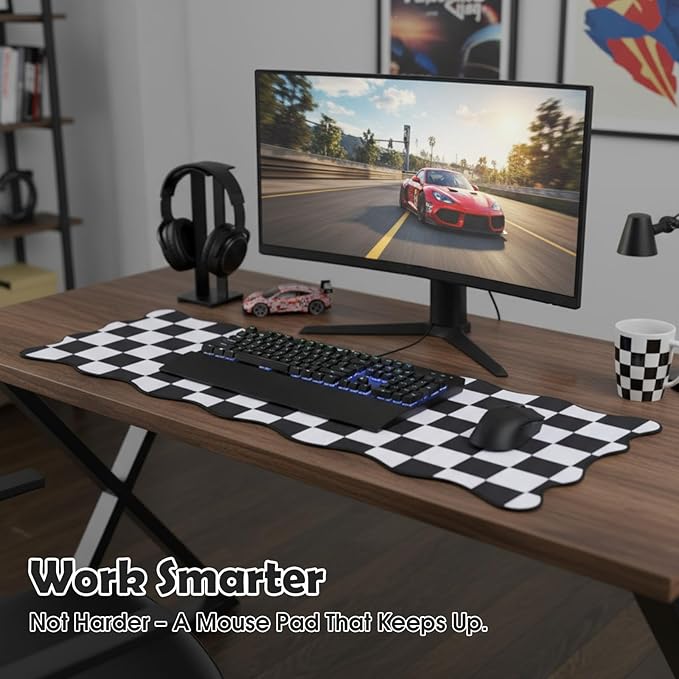 Copkim 1 Pcs Black Scalloped Checkered Desk Mat 31.5 x 11.8 Inch Large Cute Mouse Pad Computer Mat Non Slip Waterproof Rubber Base with Border Stitching Soft Keyboard Pad for Home Office Gaming Makeup