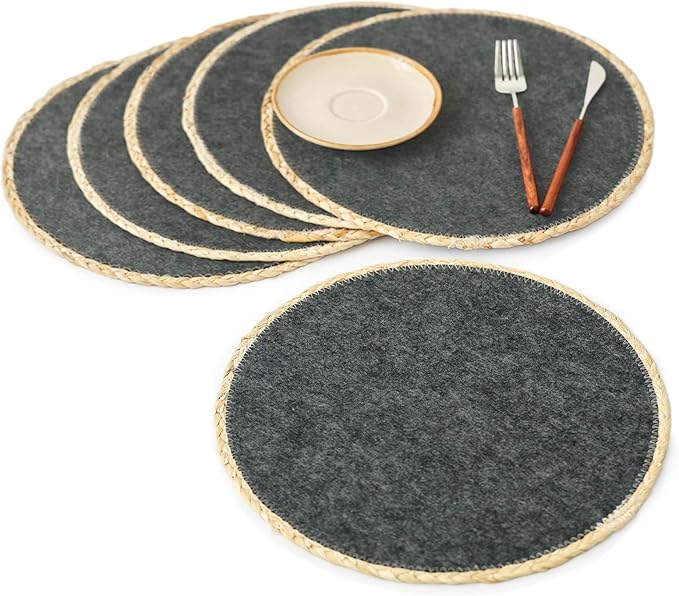 Noctiflorous 13 Inch Round Felt Placemats Set of 6 Heat Resistant Washable Non-Slip Table Place Mats for Kitchen Dining Table(Grey, 6)