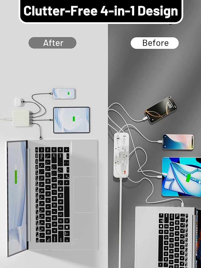 USB C Charging Station 67W, 4-Port Slim USB C Charger Block for iPhone 17/16/15, MacBook Air/Pro with 5ft Extension Cord, 3 USBC, 1 USB-A, Fast Charging Desktop Charger for Home Office Travel, White