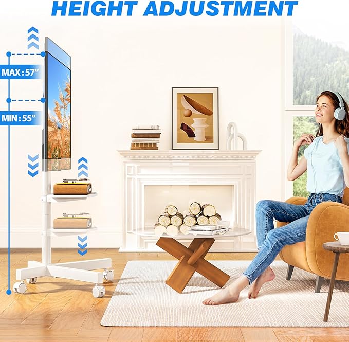 Rfiver Mobile TV Stand for 23-65 Inch LCD LED Flat/Curved Panel Screen TVs up to 88 lbs, Rolling TV Stand with Adjustable Shelf & Tilt, Portable Floor Stand on Wheels for Bedroom, Living Room, White