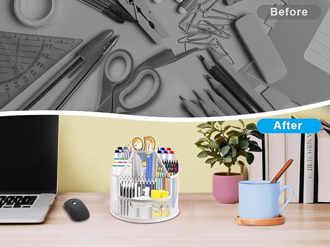 Sturdy Rotating Pen Holder, Cute Metal Pencil Holder, Large Mesh Pen Organizer for Desk, Premium Friendly Office Desk Accessories & Workspace Organizers, White
