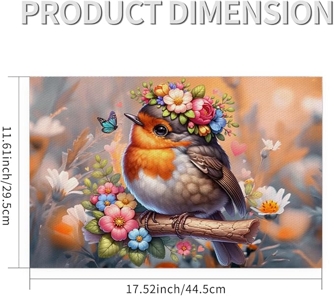 Placemats Set of 4 Heat-Resistant Rectangle Place Mats Robin Bird Cute Washable Plastic PVC Dining Table Mat Non-Slip Wipeable Woven Vinyl Placemat for Kitchen Patio Table Decor
